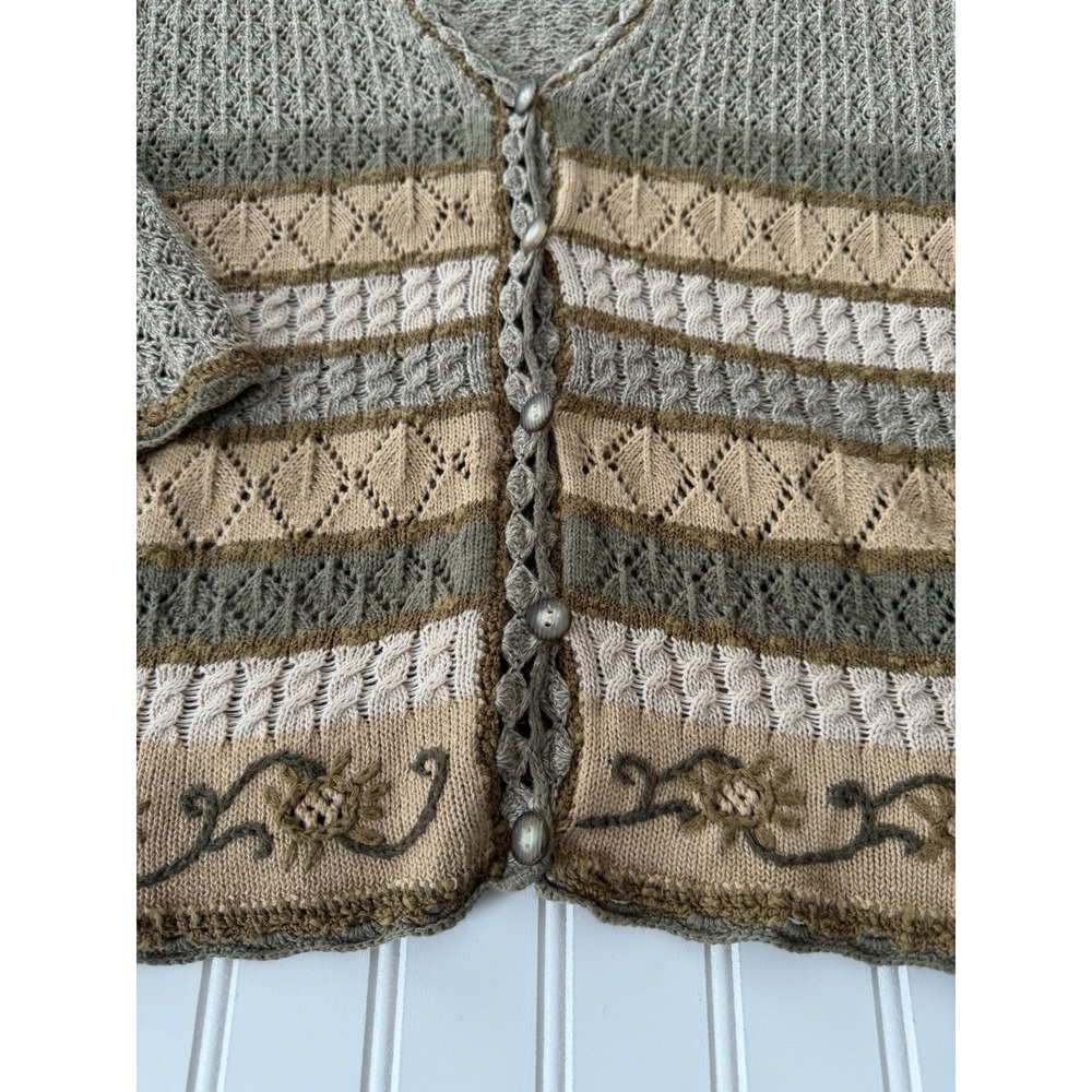 Vintage Koret Cardigan Sweater Women's Medium Earth Tone Open Knit Crochet Style - Picture 2 of 8